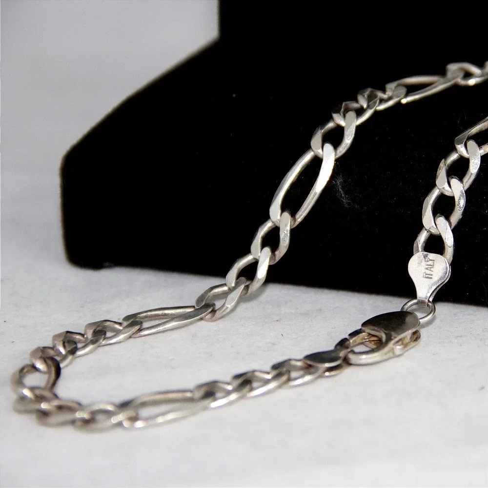 VTG HEAVY Sterling Silver Figaro Link Chain Necklace Italy 925 22 Inch 37g 7mm